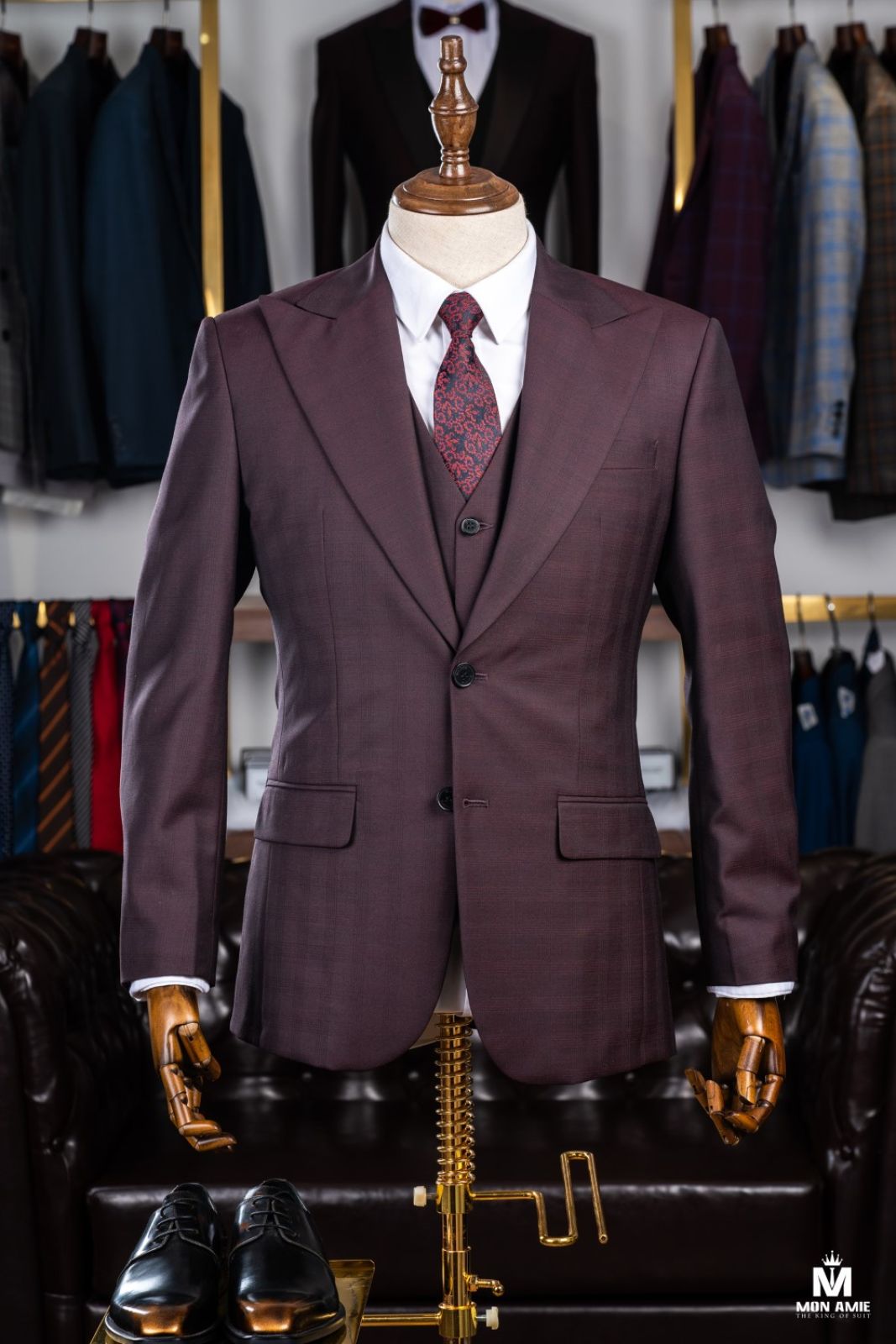 3 Pieces Subtle Plaid Dark Mauve Suit 